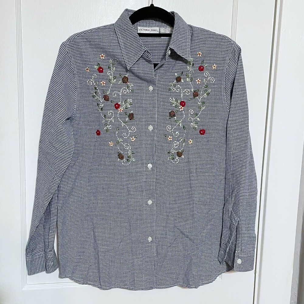 Victoria Jones Vintage Woman’s 100% Cotton Floral Gingham Button Up Shirt Small